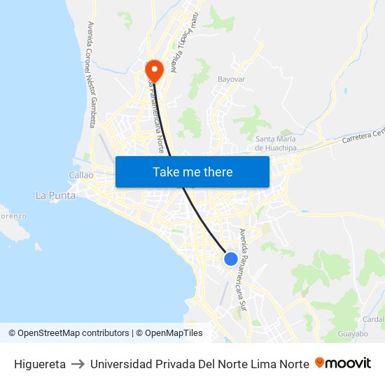Higuereta to Universidad Privada Del Norte Lima Norte map