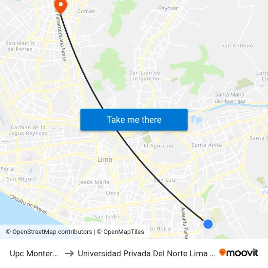 Upc Monterrico to Universidad Privada Del Norte Lima Norte map