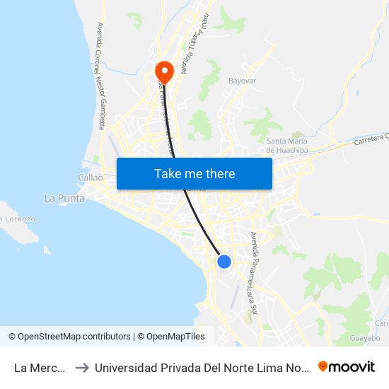 La Merced to Universidad Privada Del Norte Lima Norte map