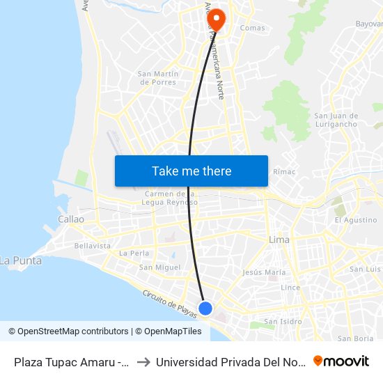 Plaza Tupac Amaru - Magdalena to Universidad Privada Del Norte Lima Norte map