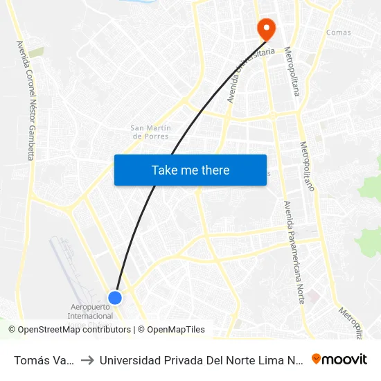Tomás Valle to Universidad Privada Del Norte Lima Norte map
