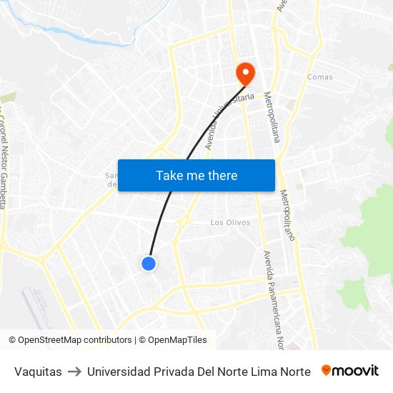 Vaquitas to Universidad Privada Del Norte Lima Norte map
