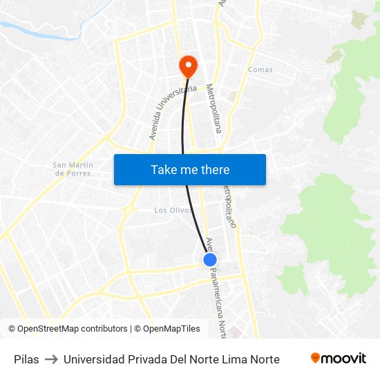 Pilas to Universidad Privada Del Norte Lima Norte map