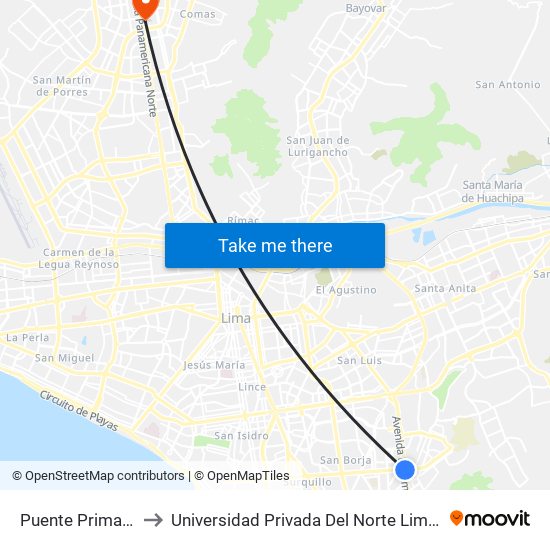 Puente Primavera to Universidad Privada Del Norte Lima Norte map