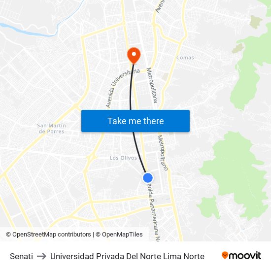 Senati to Universidad Privada Del Norte Lima Norte map