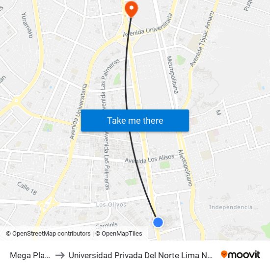 Mega Plaza to Universidad Privada Del Norte Lima Norte map