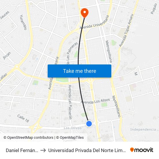 Daniel Fernández to Universidad Privada Del Norte Lima Norte map