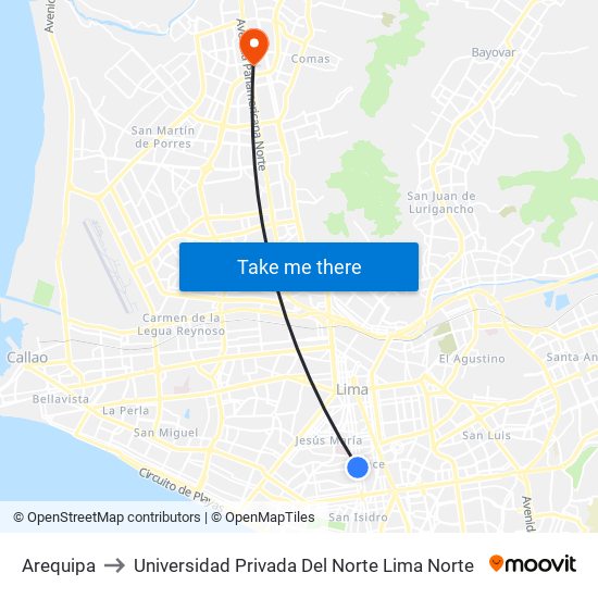 Arequipa to Universidad Privada Del Norte Lima Norte map