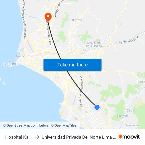 Hospital Kaelin to Universidad Privada Del Norte Lima Norte map