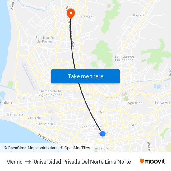 Merino to Universidad Privada Del Norte Lima Norte map