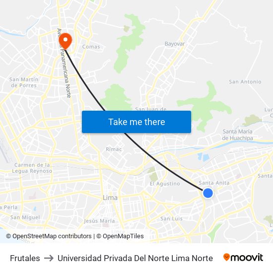 Frutales to Universidad Privada Del Norte Lima Norte map