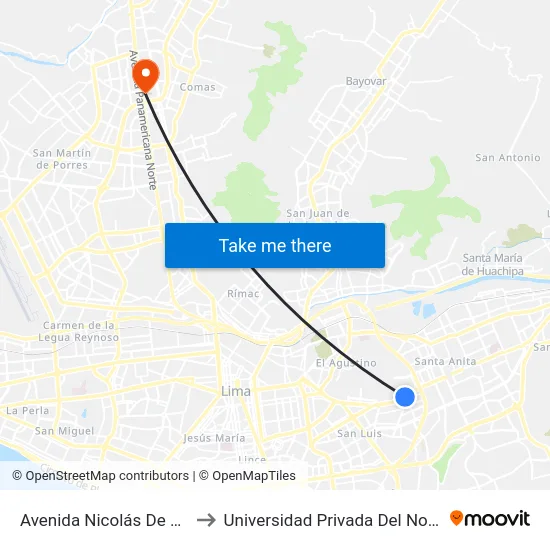 Avenida Nicolás De Ayllón, 2466 to Universidad Privada Del Norte Lima Norte map