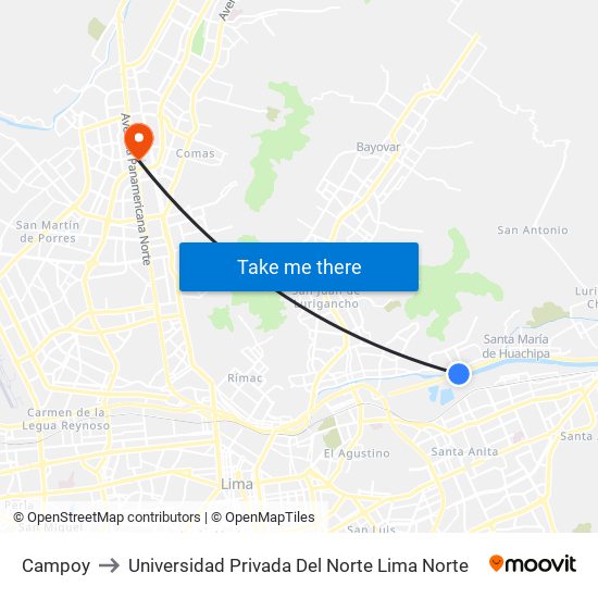 Campoy to Universidad Privada Del Norte Lima Norte map