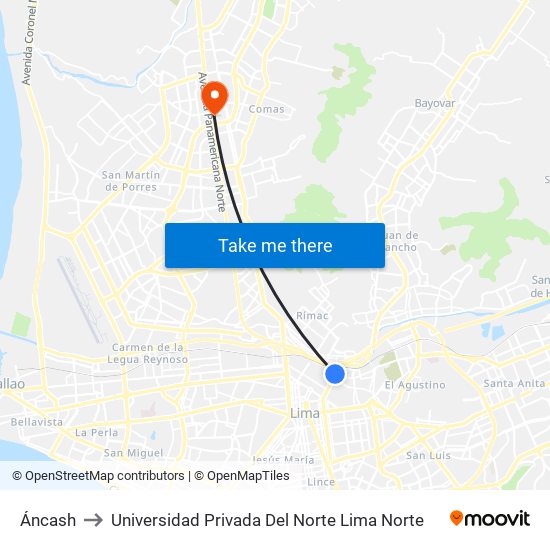 Áncash to Universidad Privada Del Norte Lima Norte map