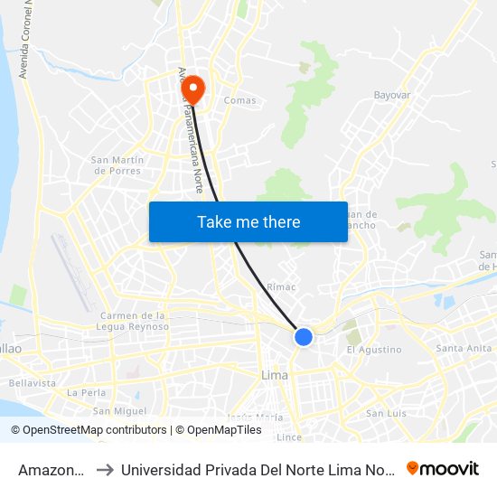 Amazonas to Universidad Privada Del Norte Lima Norte map