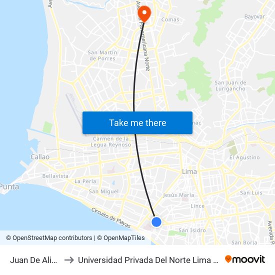 Juan De Aliaga to Universidad Privada Del Norte Lima Norte map