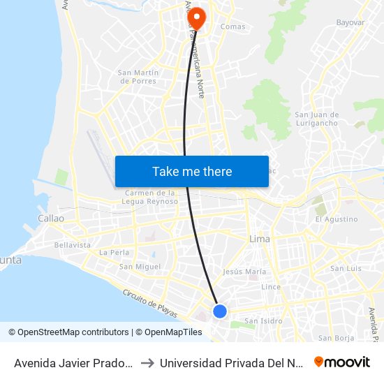 Avenida Javier Prado Oeste, 2378 to Universidad Privada Del Norte Lima Norte map