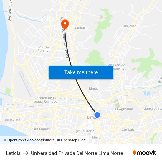 Leticia to Universidad Privada Del Norte Lima Norte map