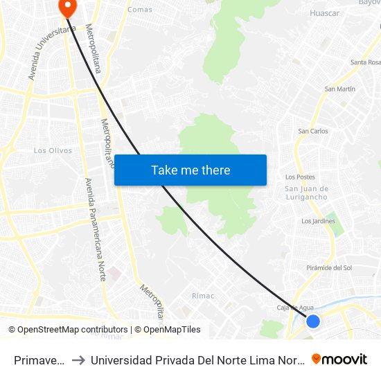 Primavera to Universidad Privada Del Norte Lima Norte map