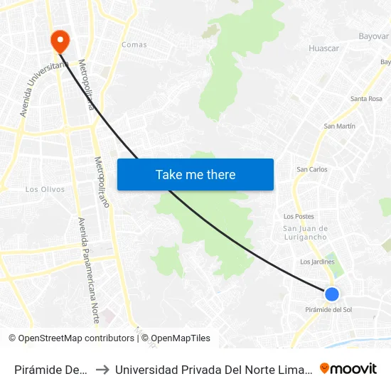 Pirámide De Sol to Universidad Privada Del Norte Lima Norte map