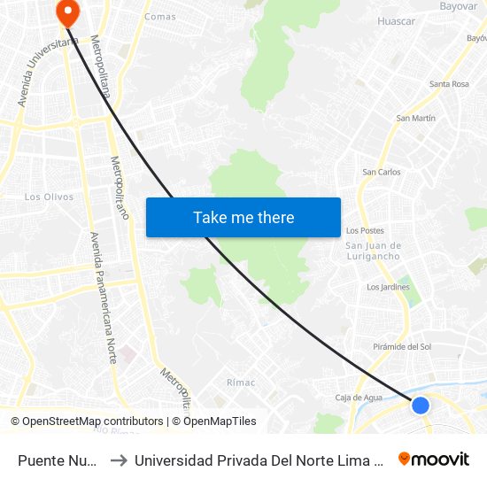 Puente Nuevo to Universidad Privada Del Norte Lima Norte map