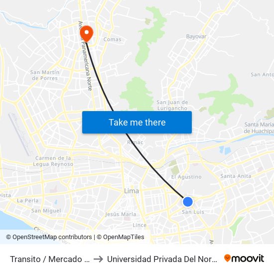 Transito / Mercado De Frutas to Universidad Privada Del Norte Lima Norte map