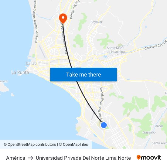 América to Universidad Privada Del Norte Lima Norte map