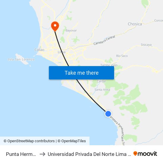 Punta Hermosa to Universidad Privada Del Norte Lima Norte map