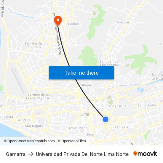 Gamarra to Universidad Privada Del Norte Lima Norte map