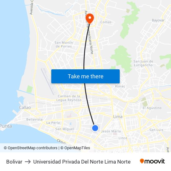 Bolivar to Universidad Privada Del Norte Lima Norte map