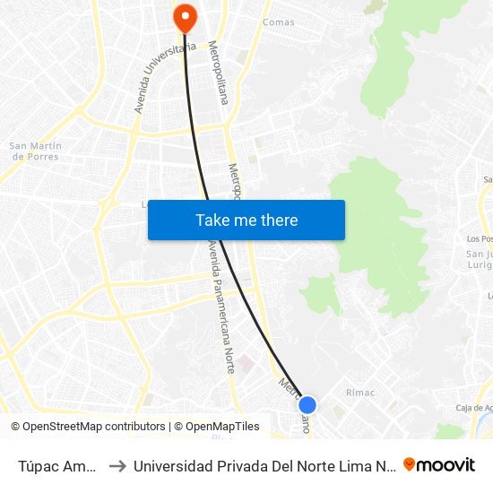 Túpac Amaru to Universidad Privada Del Norte Lima Norte map