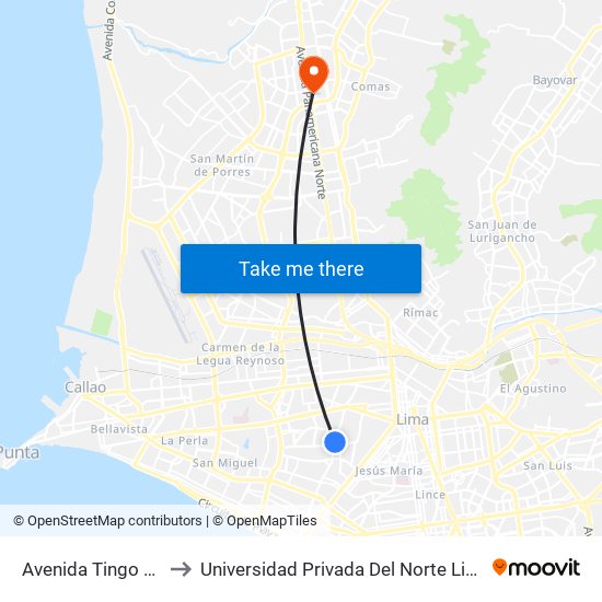 Avenida Tingo Maria to Universidad Privada Del Norte Lima Norte map