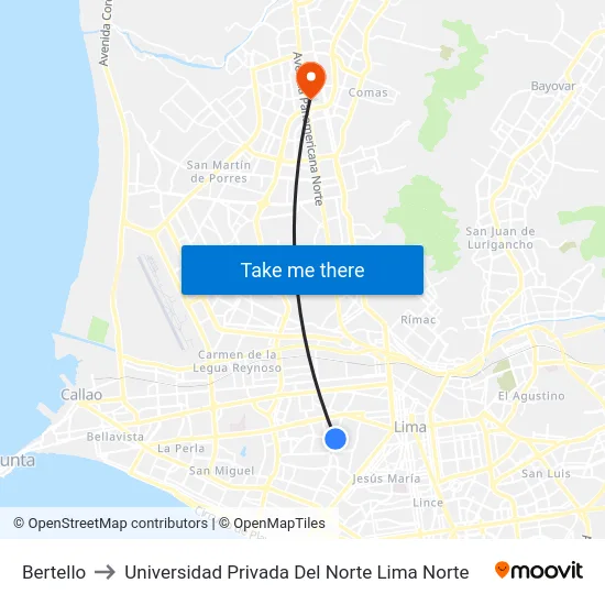 Bertello to Universidad Privada Del Norte Lima Norte map