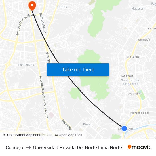 Concejo to Universidad Privada Del Norte Lima Norte map