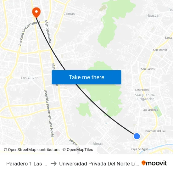 Paradero 1 Las Flores to Universidad Privada Del Norte Lima Norte map