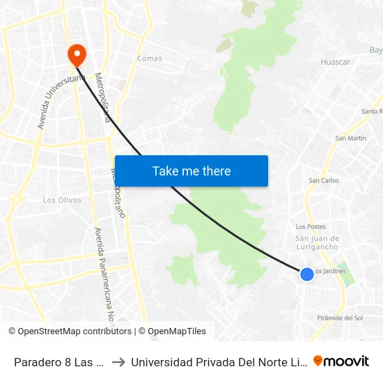 Paradero 8 Las Flores to Universidad Privada Del Norte Lima Norte map