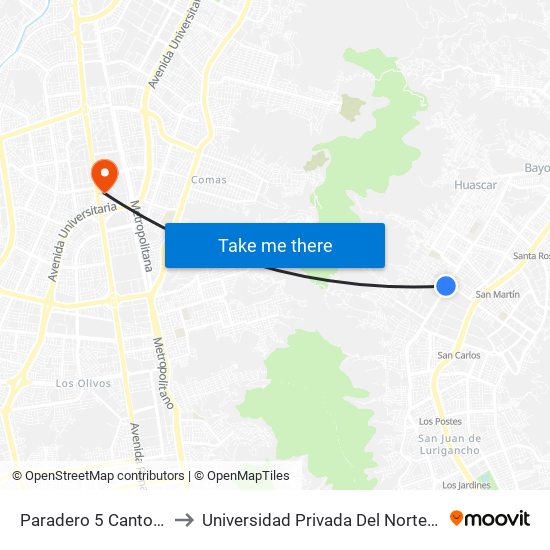 Paradero 5 Canto Grande to Universidad Privada Del Norte Lima Norte map