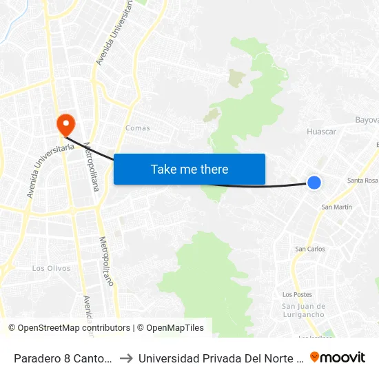 Paradero 8 Canto Grande to Universidad Privada Del Norte Lima Norte map