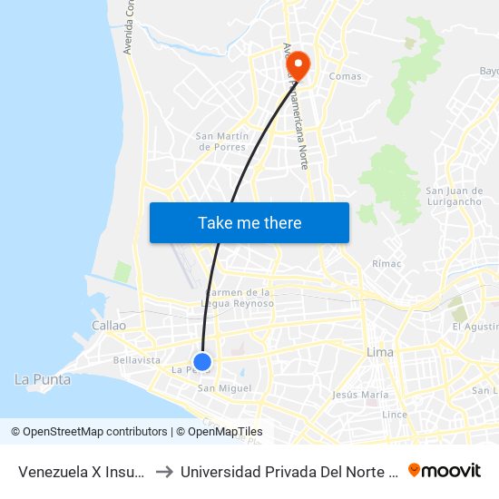 Venezuela X Insurgentes to Universidad Privada Del Norte Lima Norte map