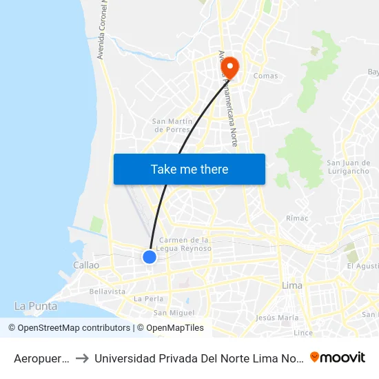 Aeropuerto to Universidad Privada Del Norte Lima Norte map