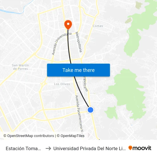 Estación Tomas Valle to Universidad Privada Del Norte Lima Norte map