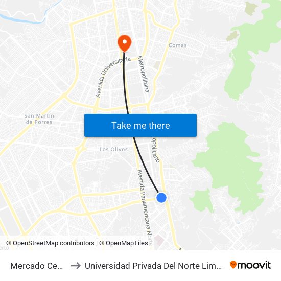 Mercado Central to Universidad Privada Del Norte Lima Norte map