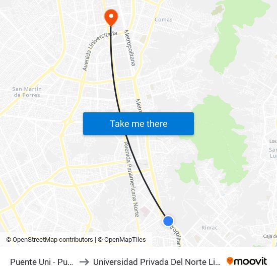 Puente Uni - Puerta 3 to Universidad Privada Del Norte Lima Norte map