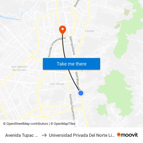 Avenida Tupac Amaru to Universidad Privada Del Norte Lima Norte map