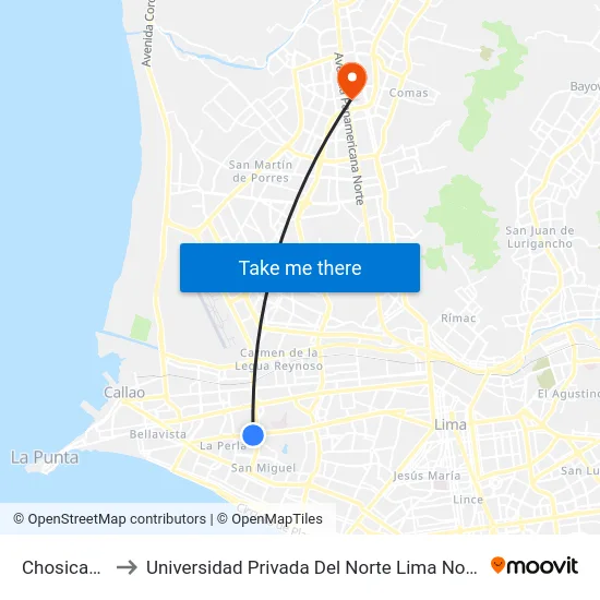 Chosicano to Universidad Privada Del Norte Lima Norte map