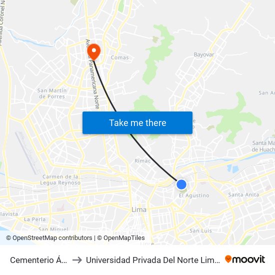 Cementerio Ángel to Universidad Privada Del Norte Lima Norte map