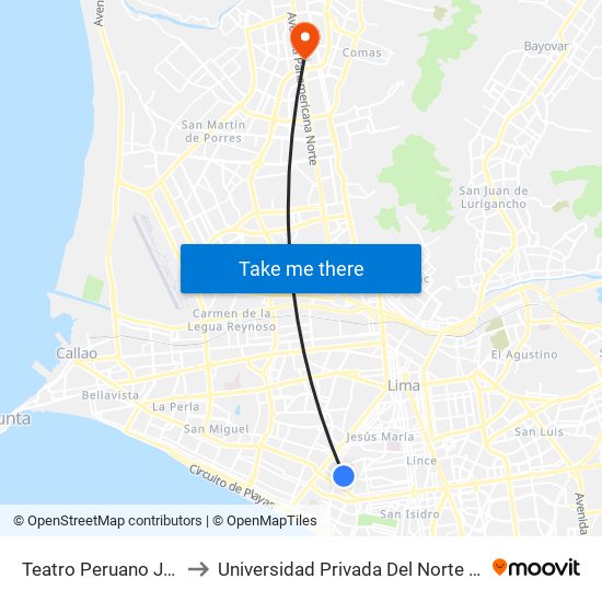 Teatro Peruano Japonés to Universidad Privada Del Norte Lima Norte map