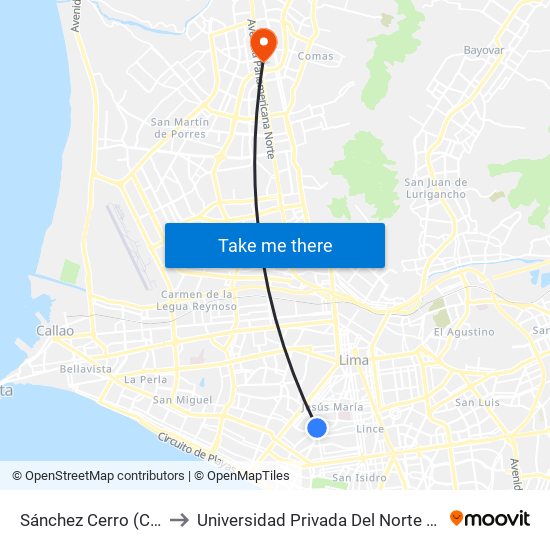 Sánchez Cerro (Canal 2) to Universidad Privada Del Norte Lima Norte map