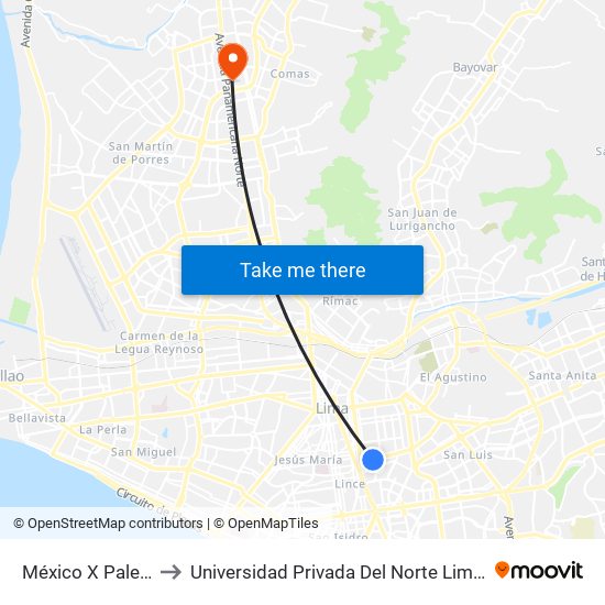 México X Palermo to Universidad Privada Del Norte Lima Norte map