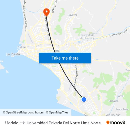 Modelo to Universidad Privada Del Norte Lima Norte map